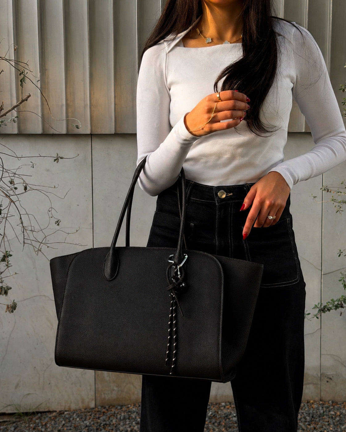 Long Strap Black Texture Leather