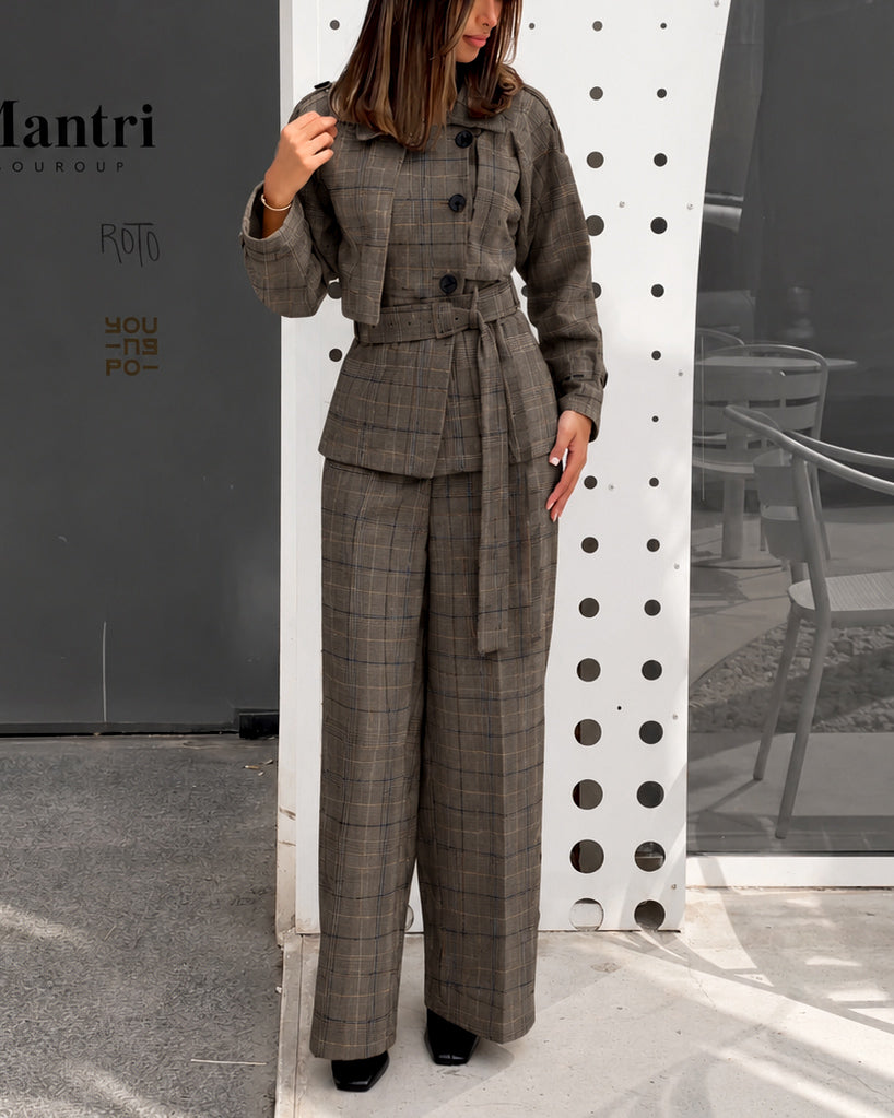 Brown Plaid Belted Set