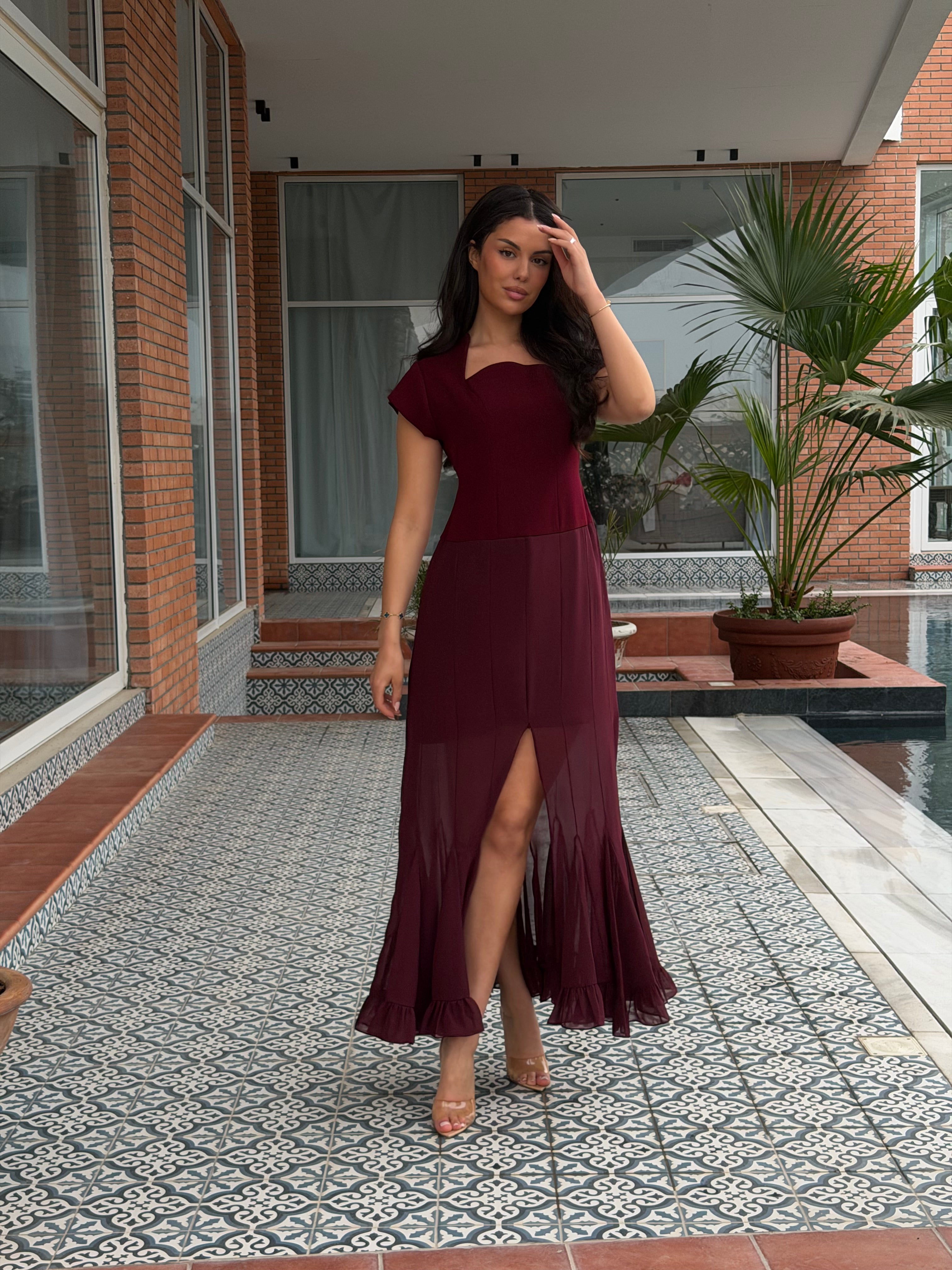 Flora Burgundy Midi Dress