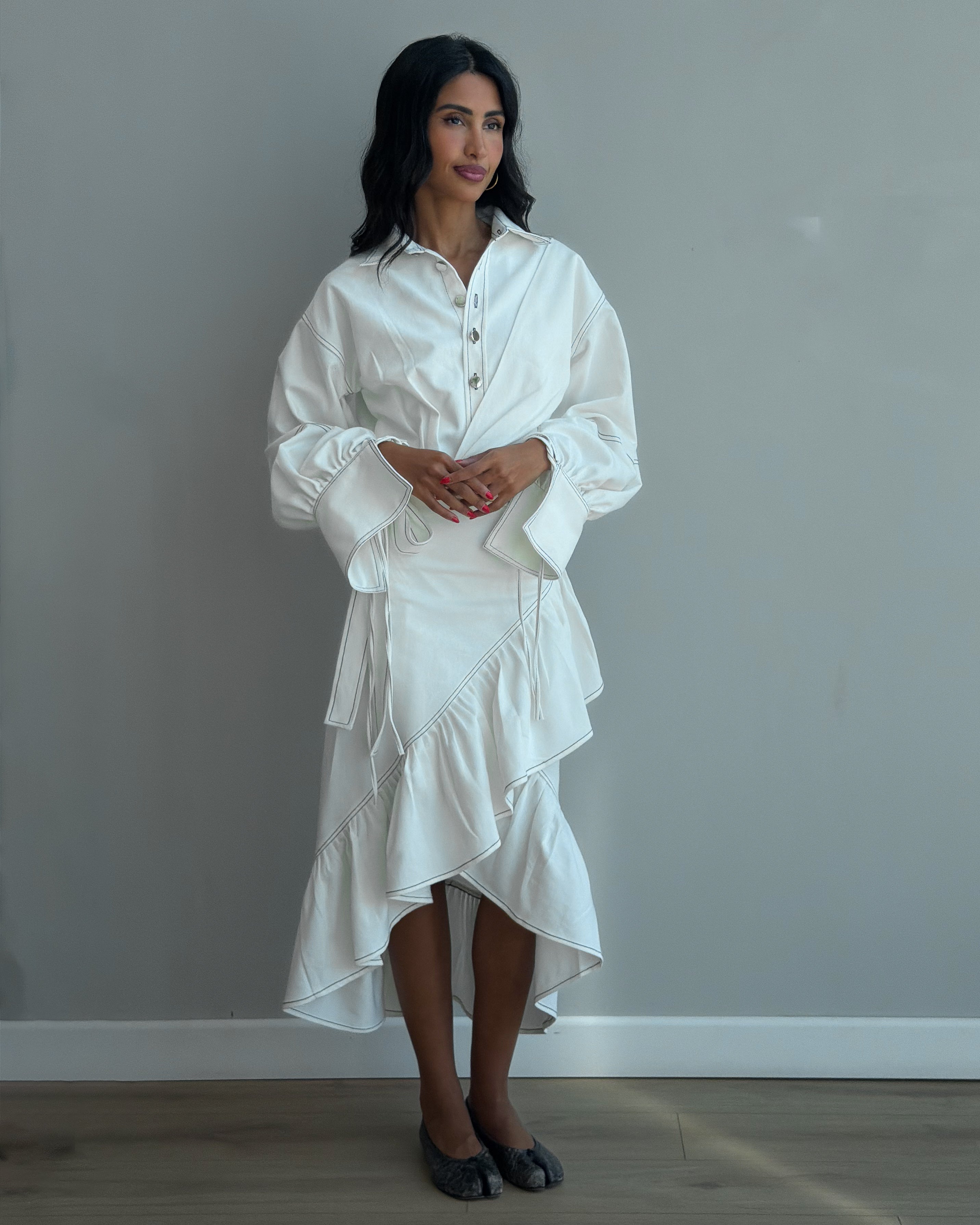 The White Ruffled Denim Dress