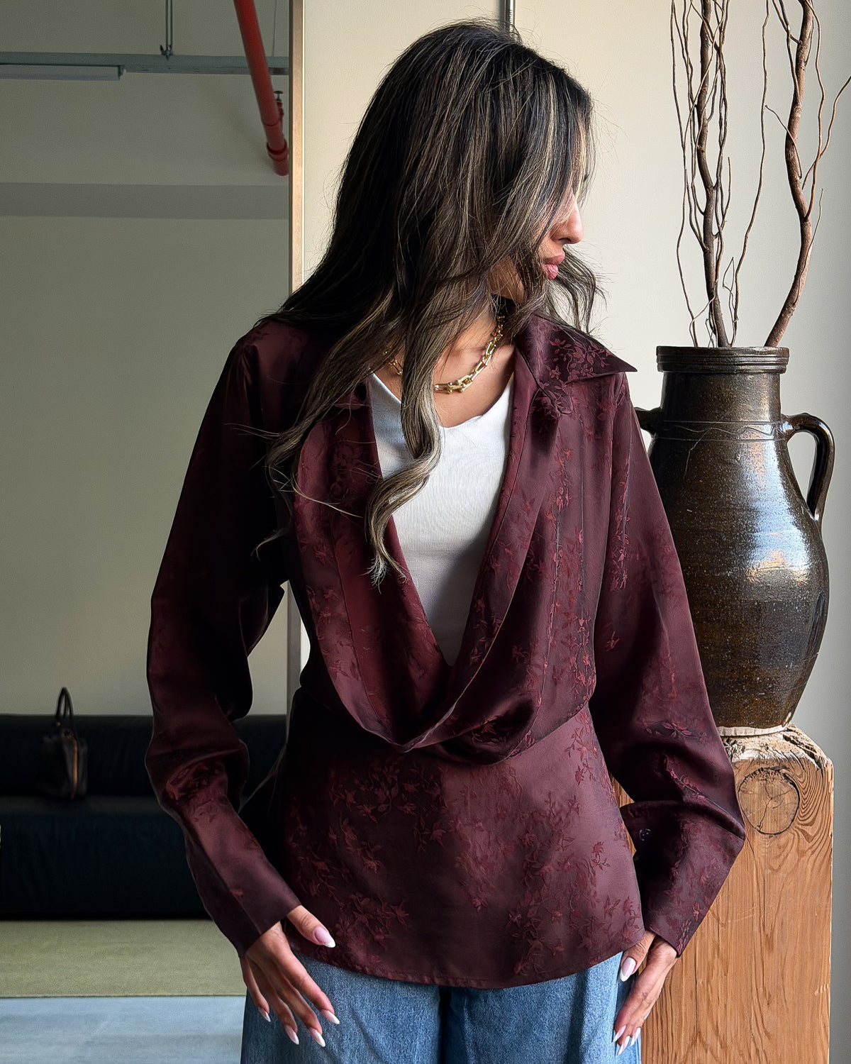 Pure Silk Burgundy Jacquard Shirt