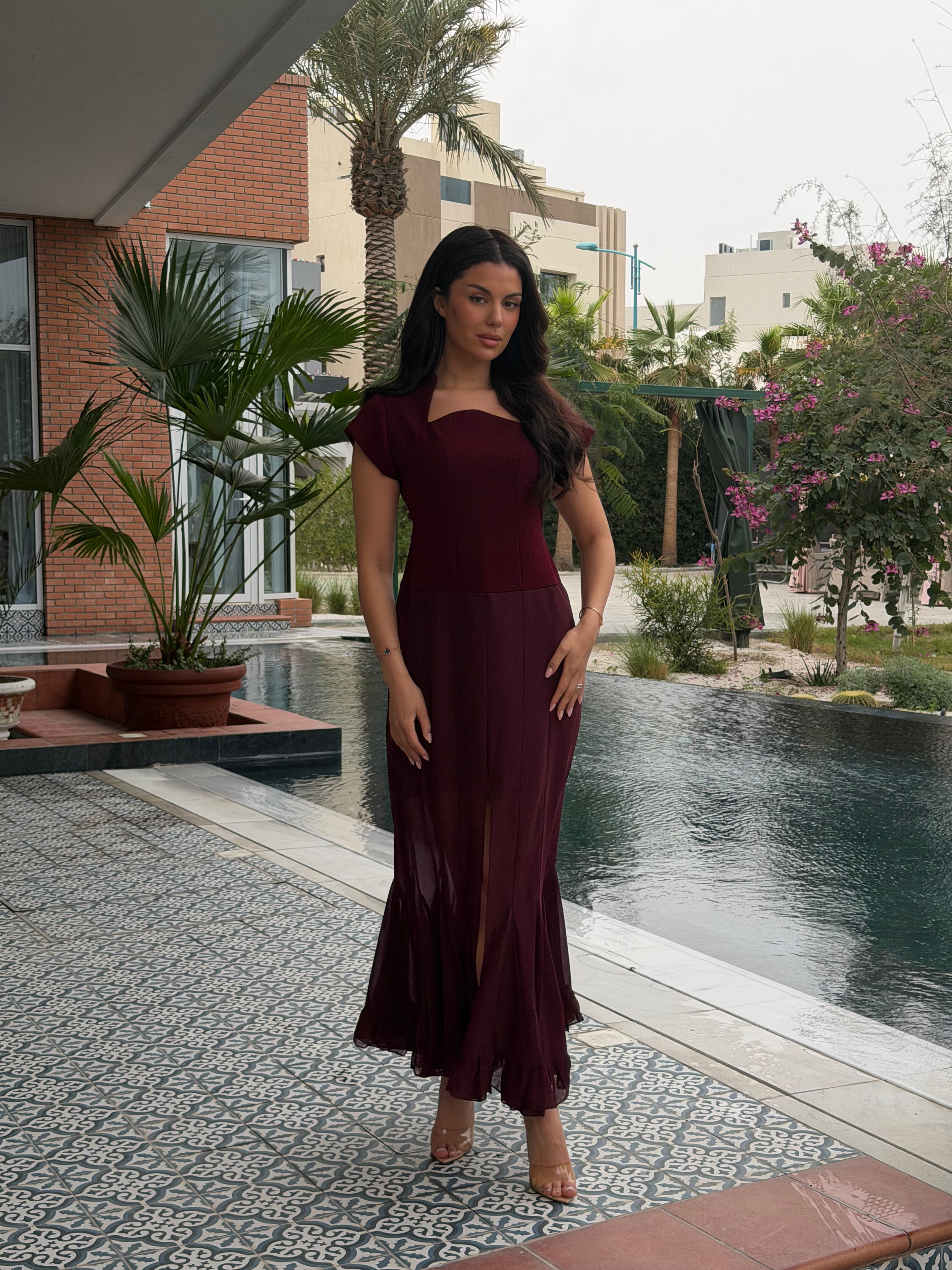 Flora Burgundy Midi Dress