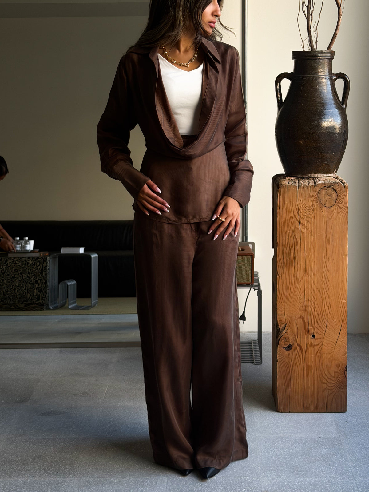 Espresso Cowl-Neck Collared Set
