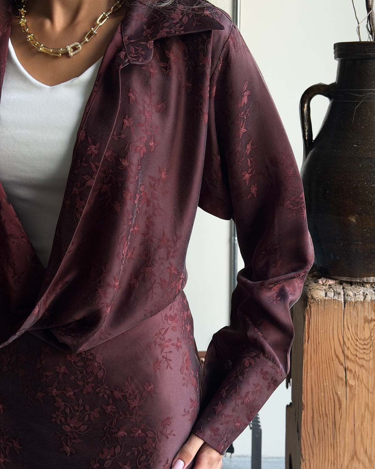 Pure Silk Burgundy Jacquard Shirt