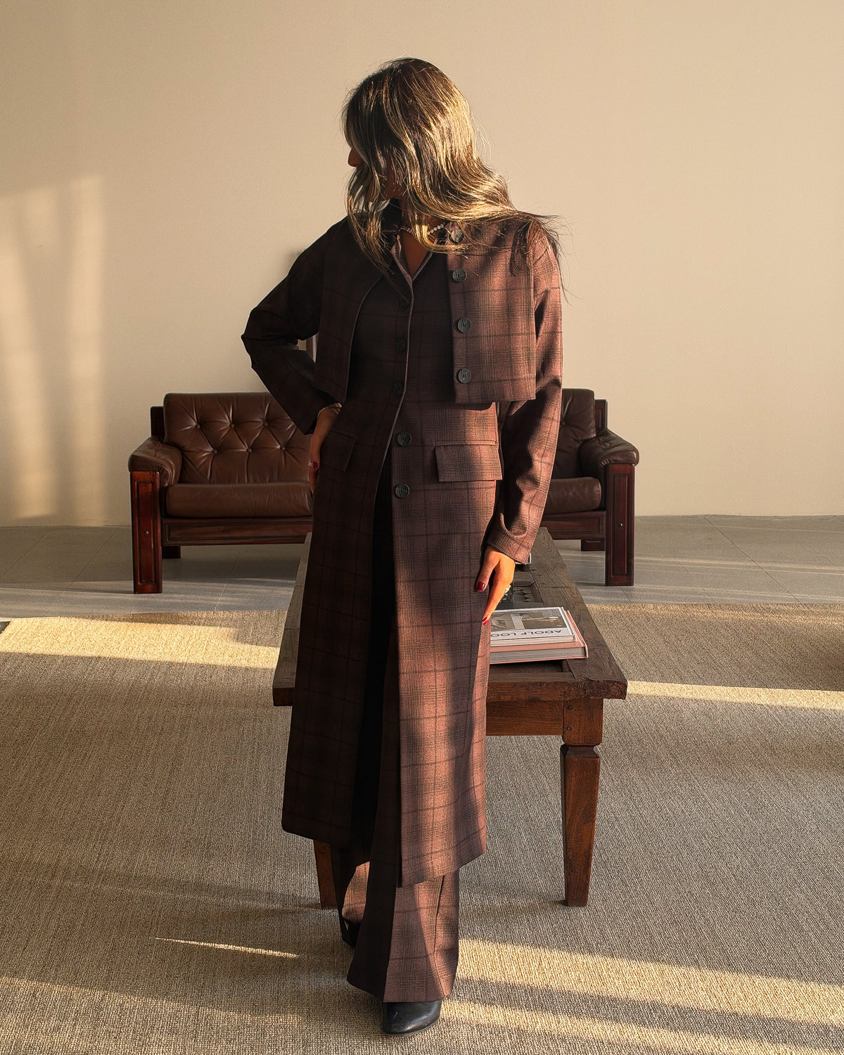 Brown Plaid Three-Piece Set